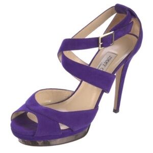 Jimmy Choo Purple Suede Leather Strappy Metallic Platform High Heel Sandals 38